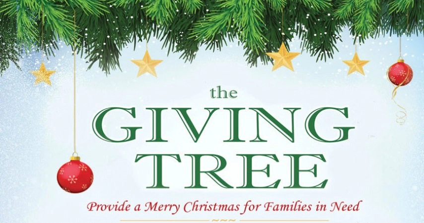 Christmas theme banner with ornaments hanging off a branch saying "the giving tree"